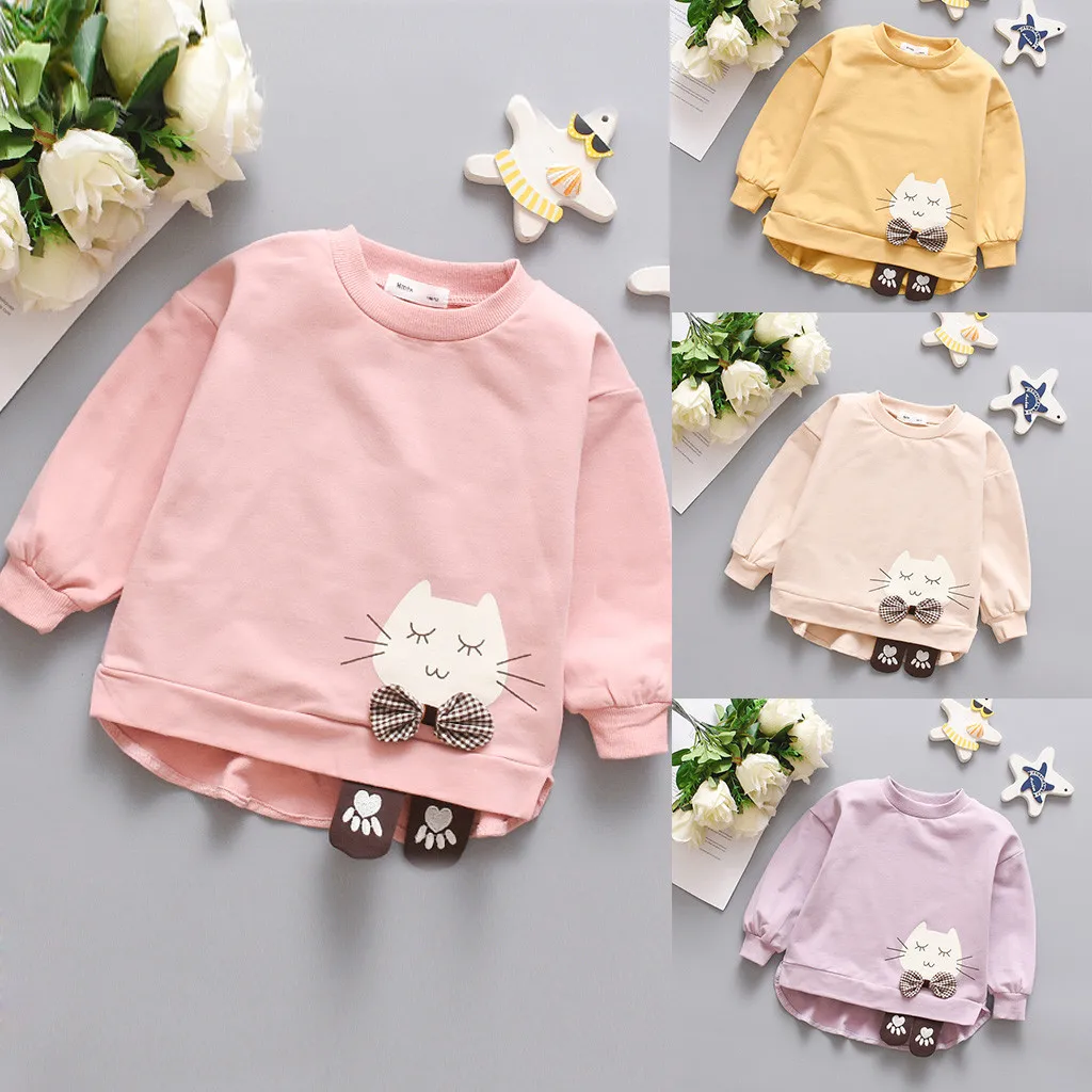 Spring Autumn Girls Sweatershirts Toddler Baby Girls Long Sleeve Cartoon Cute Cat T-shirt Tops Children Pullover Coat Clothing