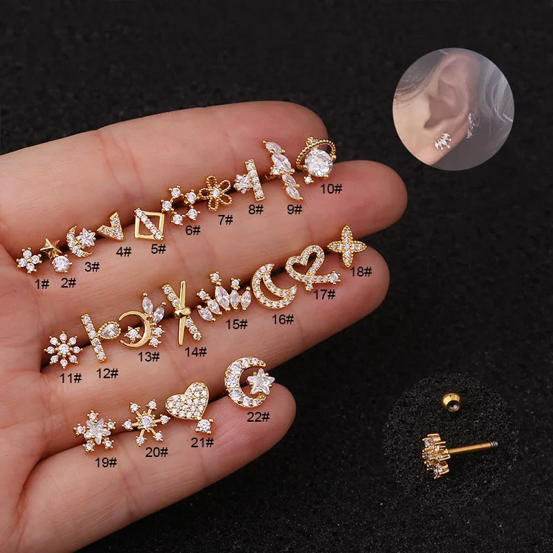 1PC Heart Moon crystal Tragus Ear Piercing Surgical Steel Shaft Bar Daith Earrings For Women Girls Helix Cartilage Studs