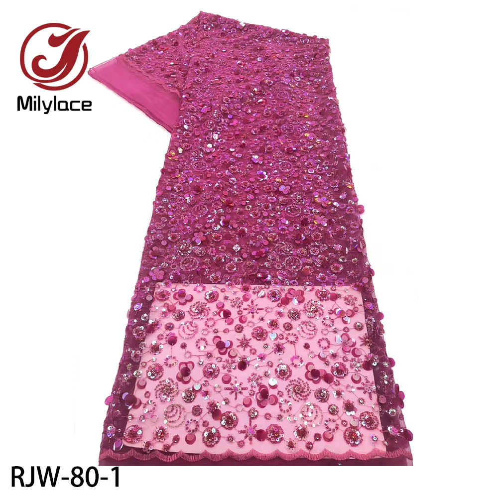 

Milylace African Lace Fabric High Quality Nigerian French Tulle with Sequins Mesh Lace Fabrics 5 Yards for Wedding Dress RJW-80