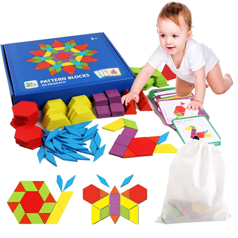 

155 pcs 3d Wooden jigsaw puzzle Early childhood education Geometric Tangram wooden game toys for Children Montessori Learning