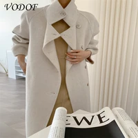 vodof casual white jacket womens long sleeved office wear elegant long jacket double breasted wide waist pocket jacket