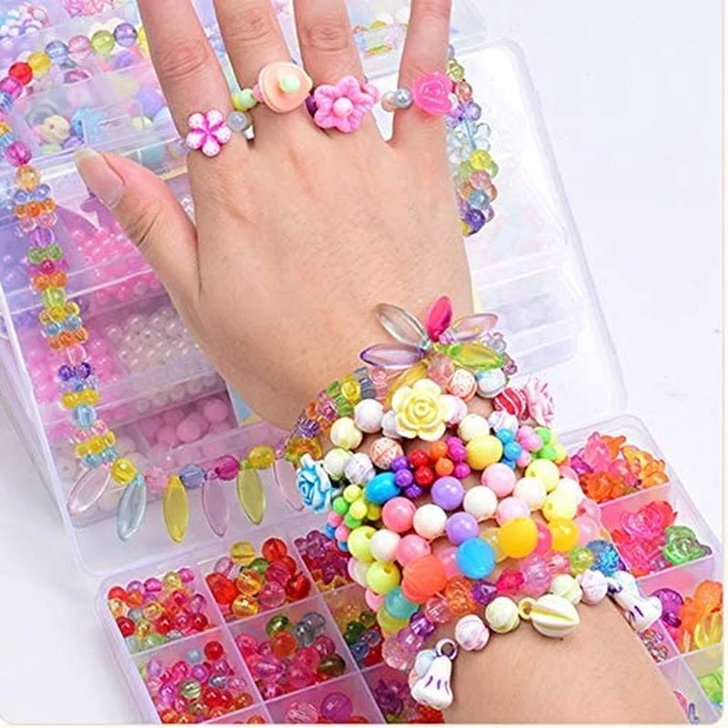 Juguete hecho a mano con cuentas para ni&ntilde;os, cuentas espaciadoras sueltas creativas, manualidades, fabricaci&oacute;n de pulseras, collar, Kit de joyer&iacute;a, juguete para regalo para ni&ntilde;a, 700 Uds.-3