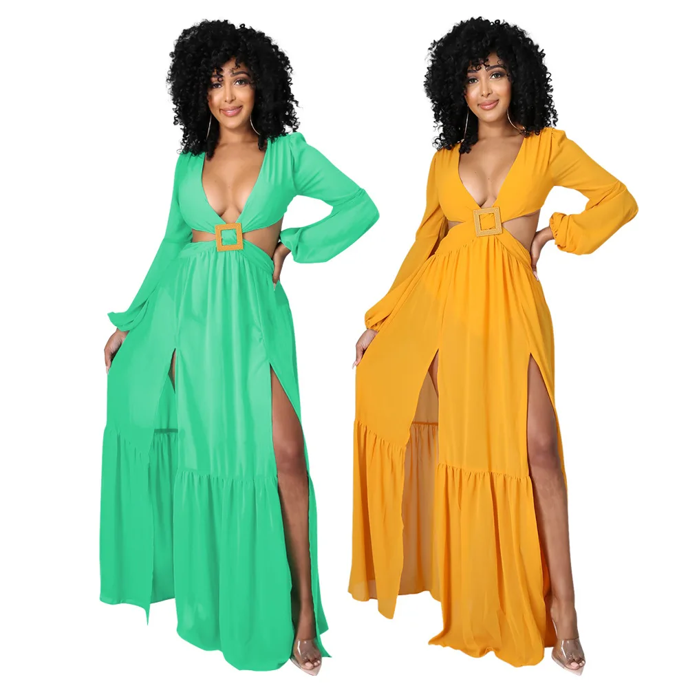 

Long Sleeve High Split Maxi Long Dress with Belt Slim Sexy Backless Lace Up Tie Bow Vestidos Boho Lady Bohemian Summer