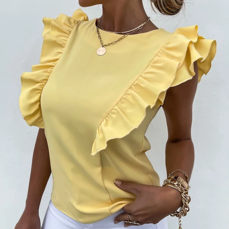 

2021 Summer O Neck Shirt Blusas Elegant Sleeveless Women Ruffle Blouse Office Lady Sexy Tie-up Backless Hollow Out Tops Pullover