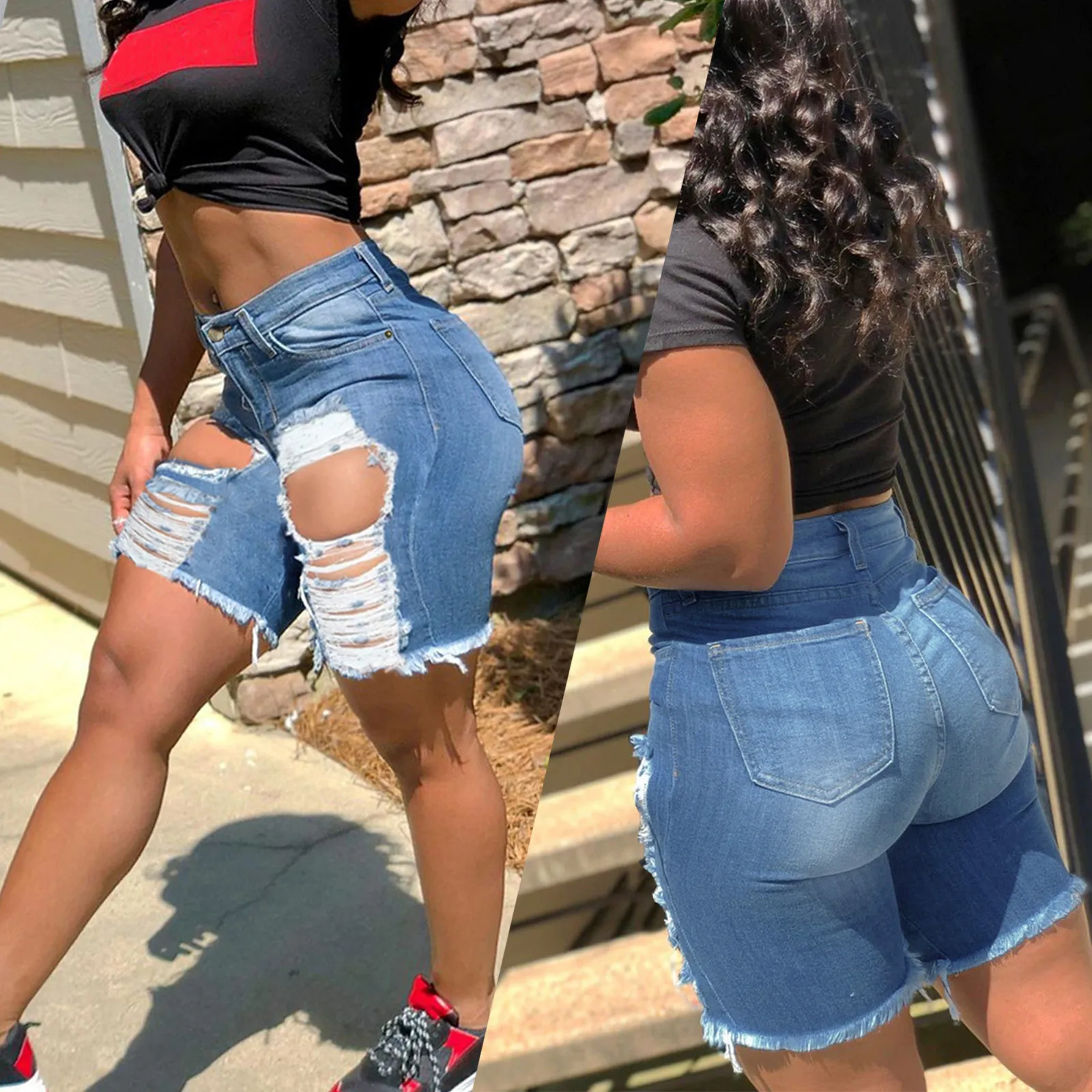 

JAYCOSIN Women Denim Shorts Fashion Plus Size Hole Short Jeans High Waist Slim Denim Shorts Pockets Zipper Wash Denim Pants