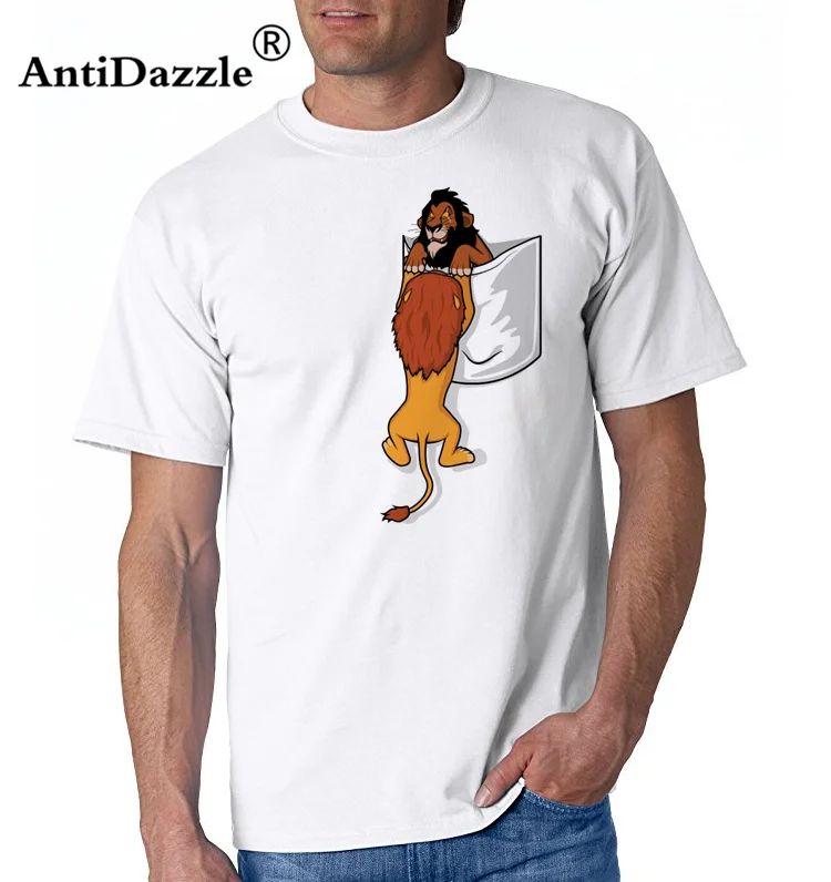 Забавная Мужская футболка с карманом Король Лев коротким рукавом и круглым