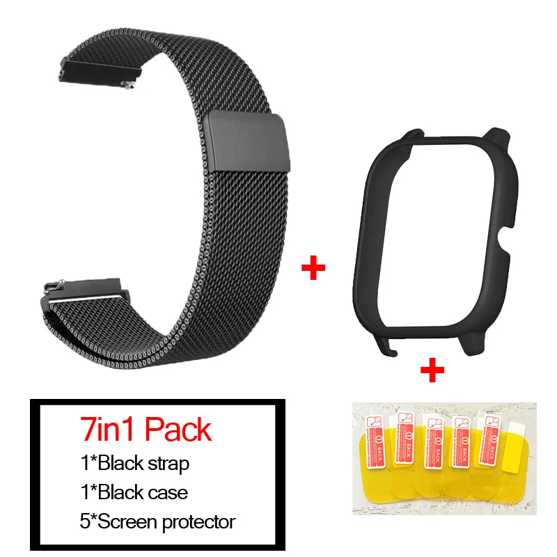 black-black 7в1 умные часы аксессуары для Huami Amazfit GTS ремешок из нержавеющей стали магнитный браслет для Amazfit gts чехол Защитная пленка - Цвет: black-black