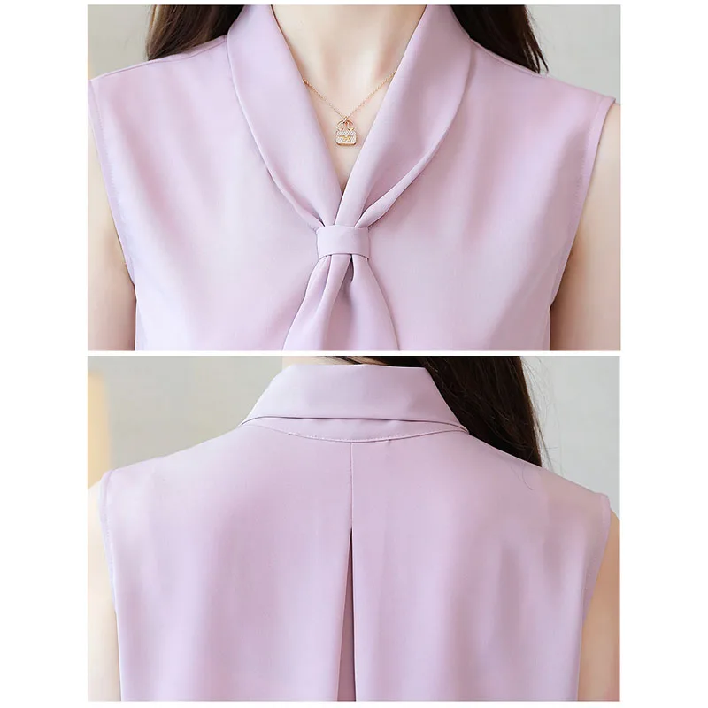 

2021 Summer Women Pink Chiffon Sleeveless Blouse New Elegant Solid Bow V-neck Shirts Women Ladies Tops Womens Clothing 9202 50