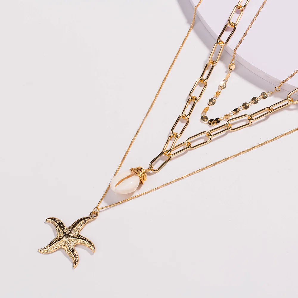

Boho Multi-Layer Ocean Beach Shell Starfish Pendant Necklace for Women Clavicle Chain Teen Girl Friend Dating Jewelry Collier