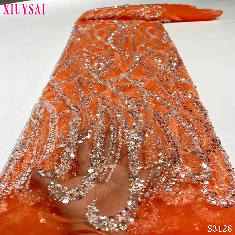 

African Lace Fabric Orange Embroidery French Tulle Mesh Lace Luxury Sequin Beaded Nigeria Lace Fabric For Wedding Dress