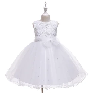 New Girls Party Dress Pearls Bow Sleeveless Wedding Birthday Princess Dresses for Girl Children's Clothing
