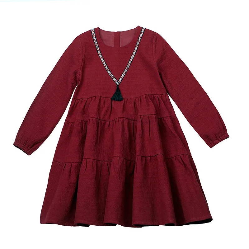 

Новая весенне-Осенняя детская одежда бордового цвета с круглым вырезом для больших девочек от 4 до 13 лет, хлопковые базовые однотонные милые...