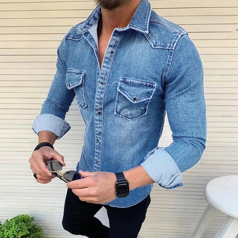 

Jean Jacket Men Long Sleeve Denim Jackets Fashion Mens Clothing Casual Slim Fit Button Washed Denim Jeans Coat Black Blue