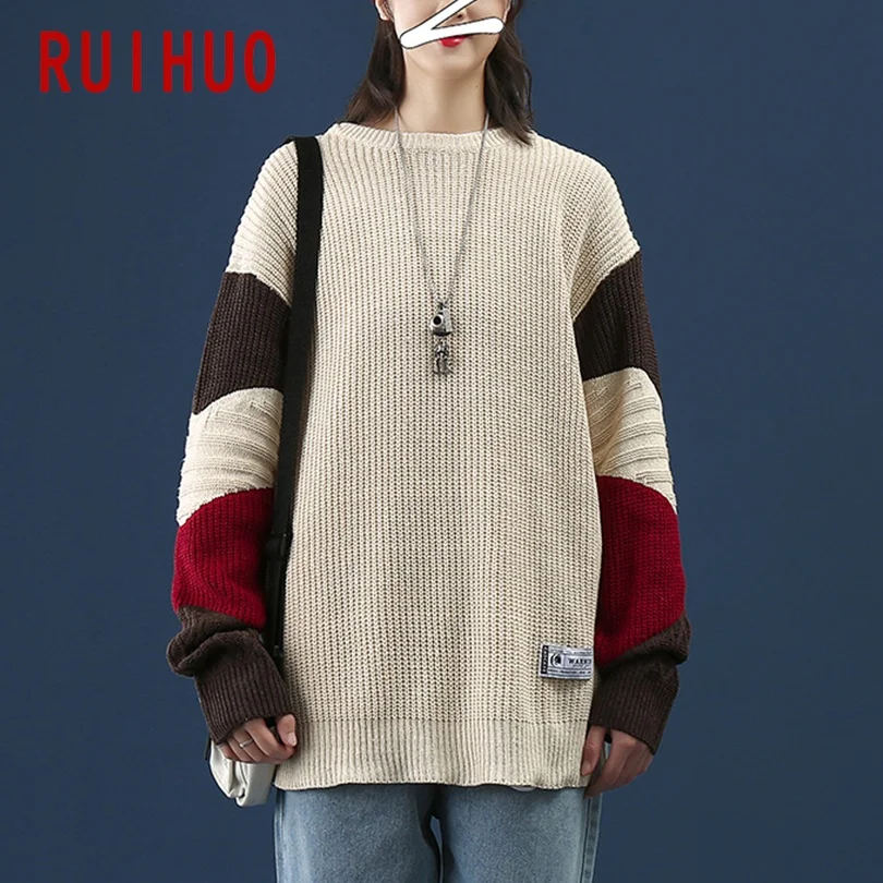 

RUIHUO Patchwork Knitted Sweater Men Pullover Men Harajuku Sweater Korean Fashion Clothing Mens Jumpers Sweaters 2XL 2021