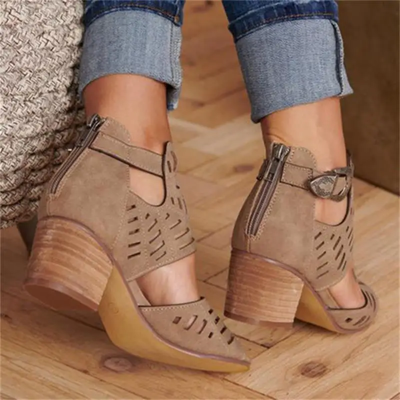

Vintage Hollow Out Sandals Mid Heel Summer Slip-on Buckle Ladies Shoes Artificial Open Toe Casual Wedding Pumps Women Sandalias