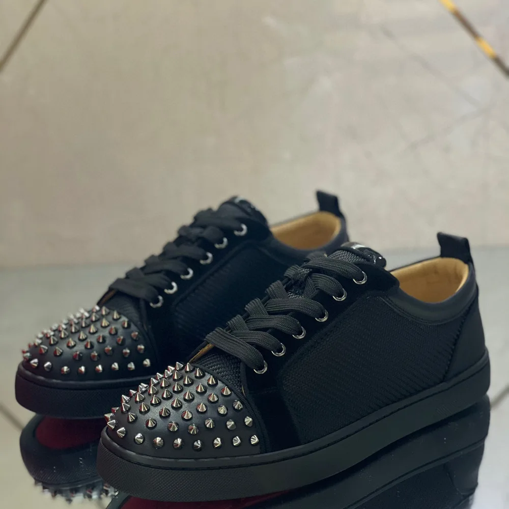 

Low Cut Red Bottom Black Weave Genuine Leather Shoes For Men Spikes Casual Flats Loafers Silver Rivets Toecap Ladies Sneakers
