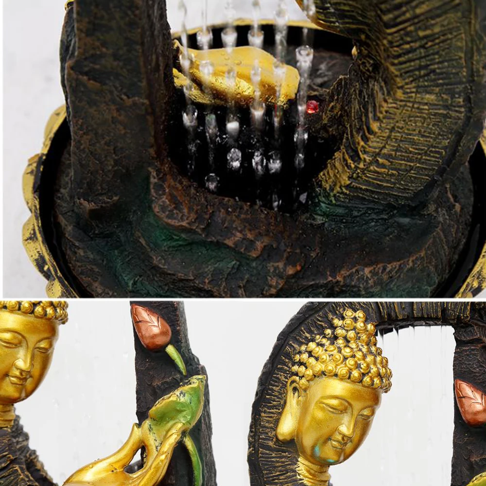 

Hot 30CM 110V Home Decorations Resin Flowing Water Waterfall Fountain Buddha Statue Lucky Feng Shui Ornaments Landscape Decors