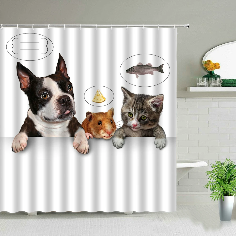 

Fun Animal Cat Dog 3d Printing Shower Curtain Set Waterproof Fabric Bath Curtains Baby Child Bathroom Decor With Hook Kids Gifts