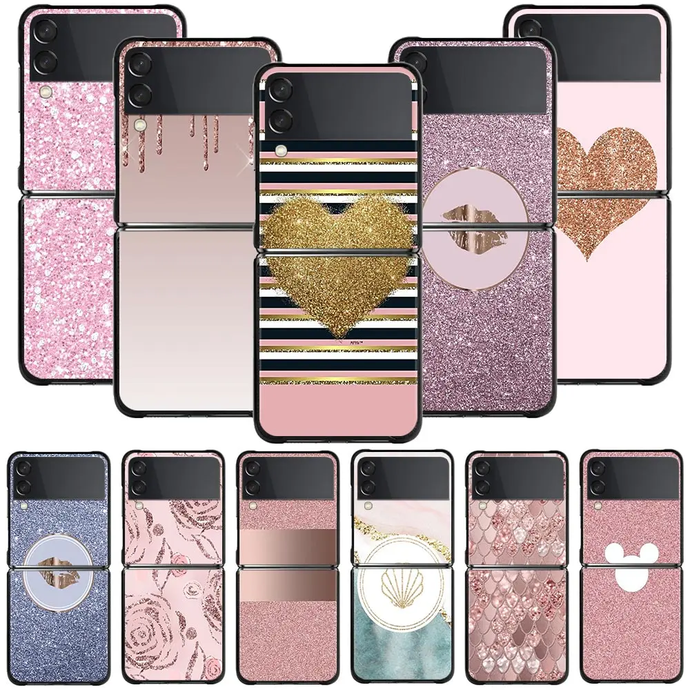 

Hard Phone Case For Samsung Galaxy Z Flip3 5G Z Flip PC Shell Black Cover Smartphone Pink Love Pattern