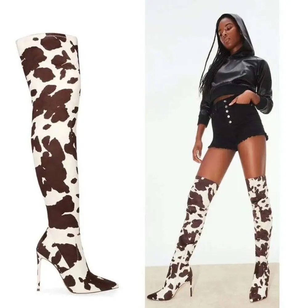 

OEING US4-11 Womens Over The Knee Boots Cow Colors Stretchy Printed Stilettos High Heel Shoes Sexy Warm Winter Size 2Colors