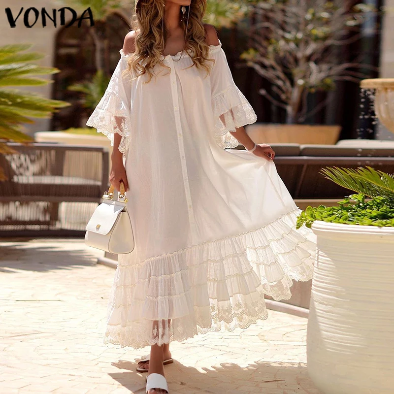 Макси длинное платье 2020 VONDA женский сексуальный тонкий сарафан с открытыми