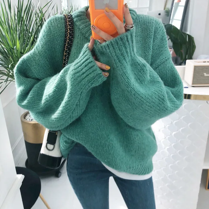 

Mohair Macaron Women's Sweater Autumn Winter Cream solid loose oversized top pullover sweater thick sweaters women O-neck jumper