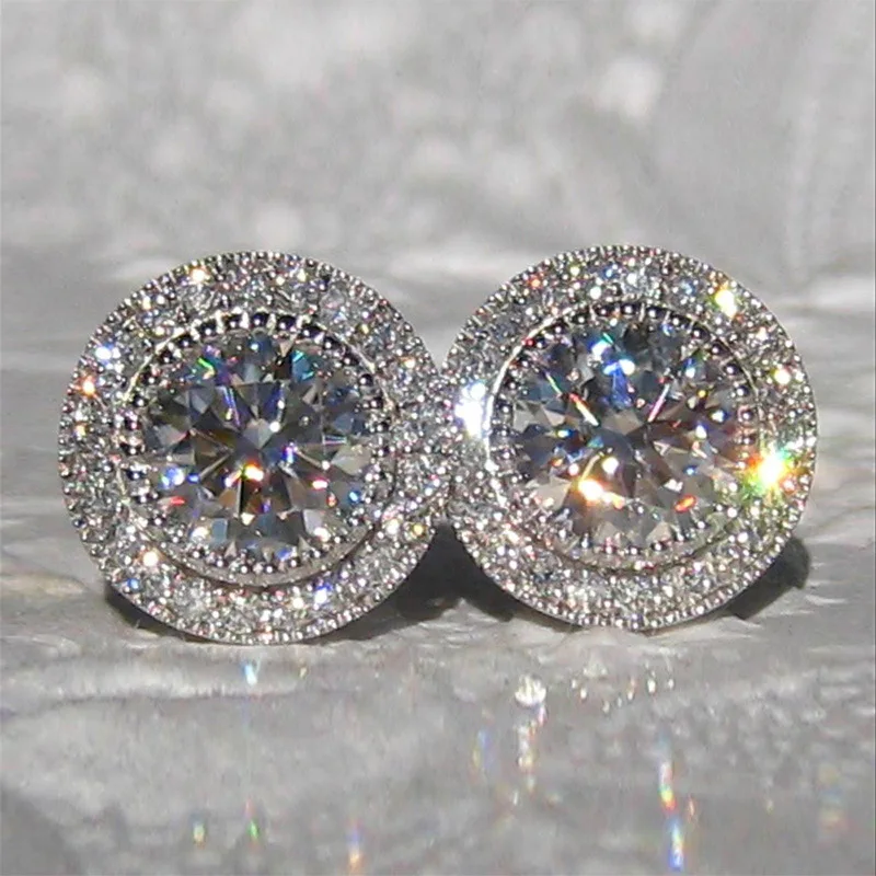 

New Female Luxury Crystal Round Stud Earrings Silver Color Wedding Jewelry White Zircon Stone Earrings For Women Girl Jewelry