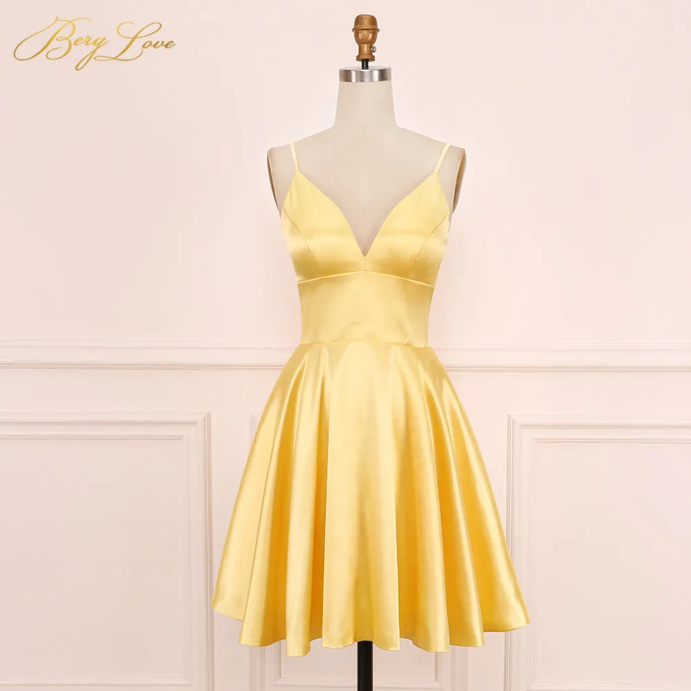Yellow BeryLove сексуальное розовое атласное короткое платье для выпускного вечера милое коктейльное мини платье с лямками вечерние платья с карманами для выпускного вечера - Цвет: Yellow