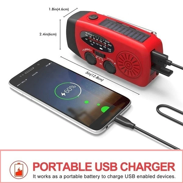 

3 IN 1 USB Solar Hand Crank Radio Flashlight, Emergency Self Powered 3 LED AM/FM/WB Radio Weather 1000mAh Smart Phone Power Bank