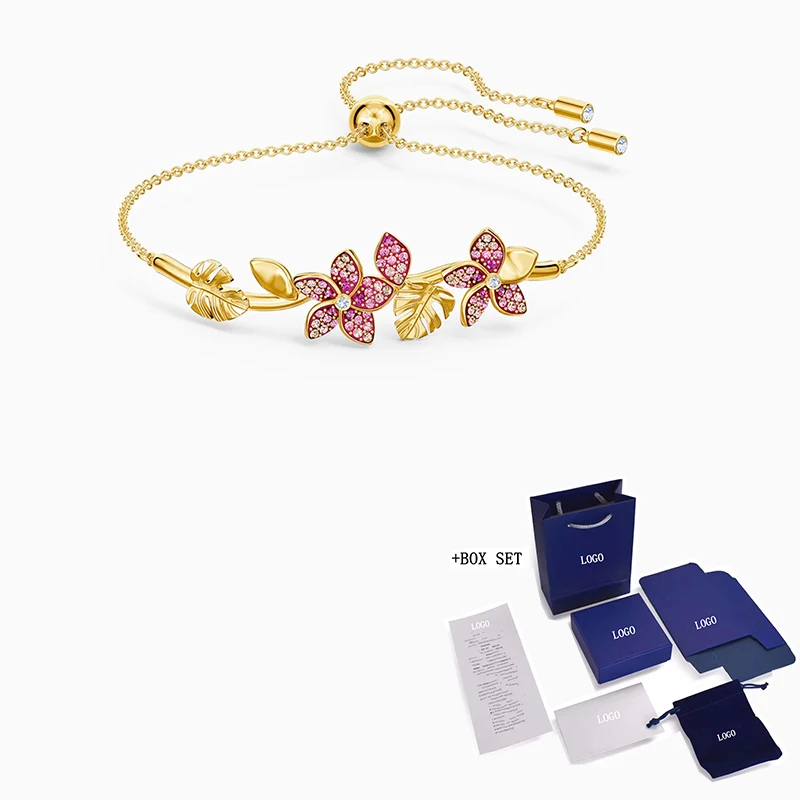 

Fashion Jewelry SWA New TROPICAL FLOWER Bracelet Pink Leaves And Petals Decorated Crystal Give Women The Best Romantic Gift