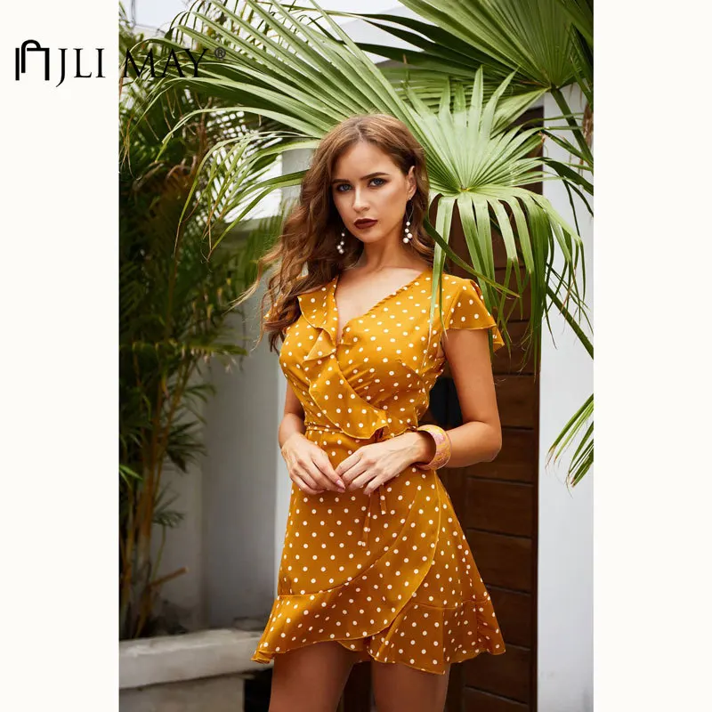 

JLI MAY Women Dot Dress Cotton Summer Casual V-Neck Patchwork Ruffles Butterfly Sleeve Empire A-Line Mini Irregular Dresses
