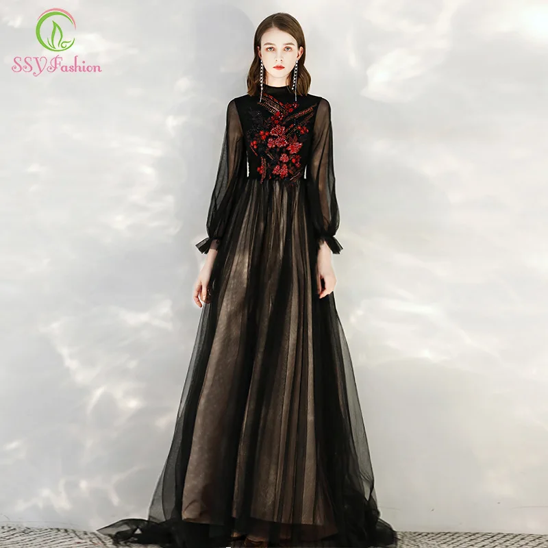Женское винтажное вечернее платье SSYFashion элегантное черное со шлейфом длинным