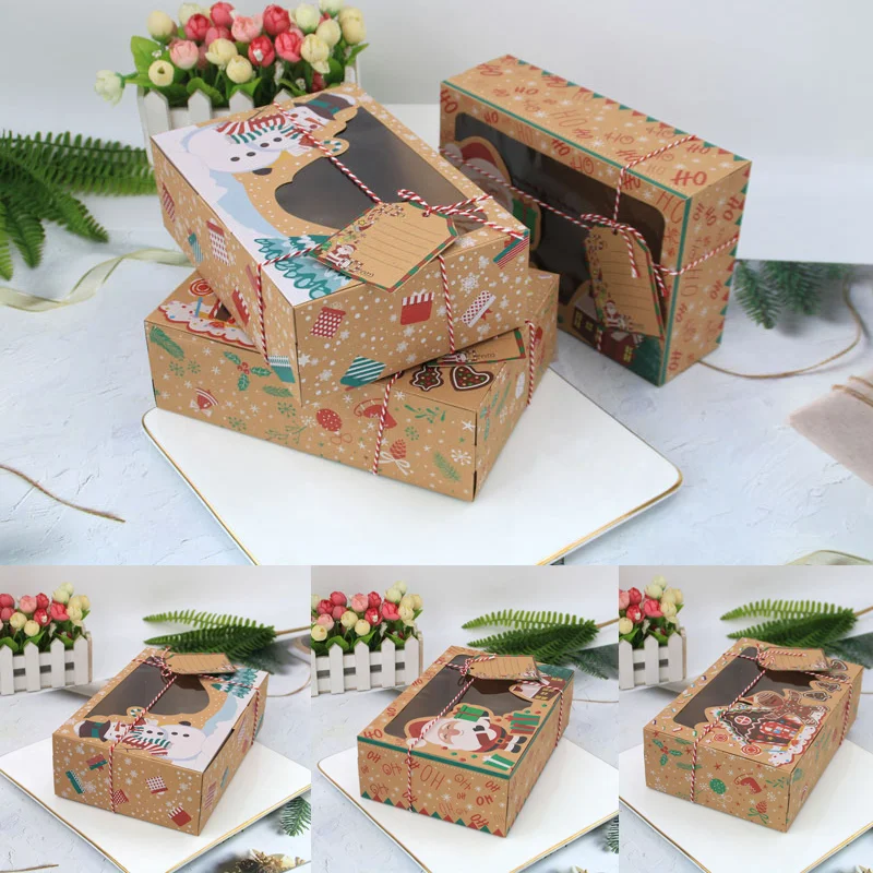 

3PCS Christmas Cookie Gift Boxes with Window Fashion New DIY Durable Kraft Paper Doughnut Cupcake Candy Treat Boxes Gift Given