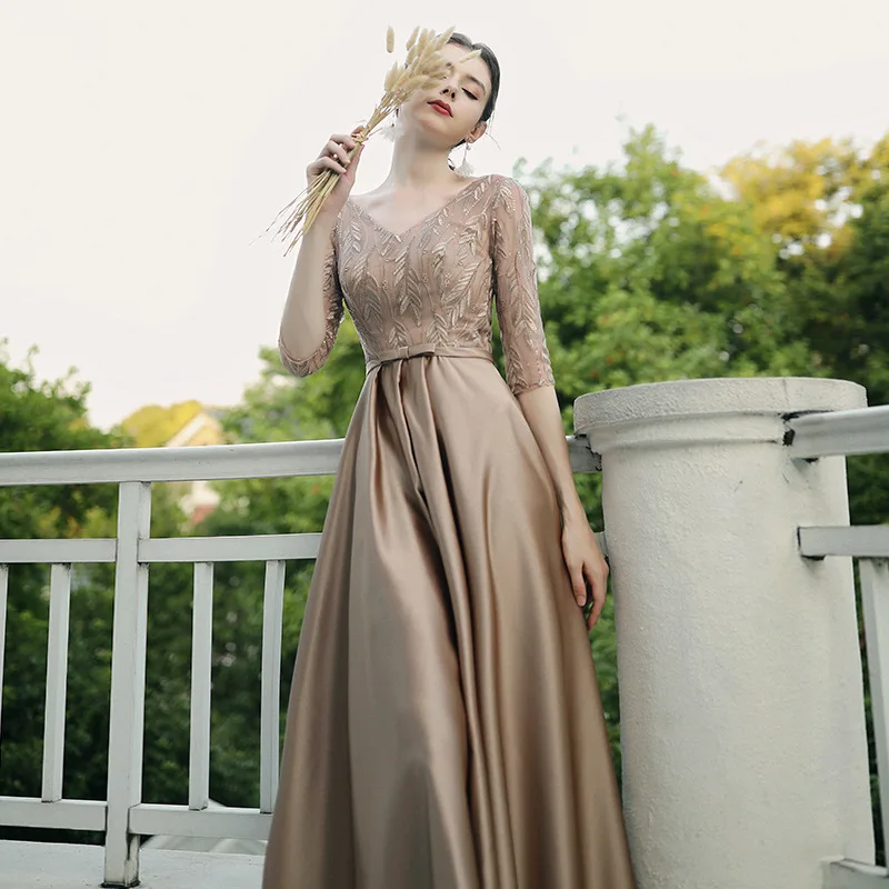 

KHREvening Dress Half Sleeve V-neck Appliques A Line Floor-Length Backless LaceUp Light Blue Dresses Woman Party Night Champagne