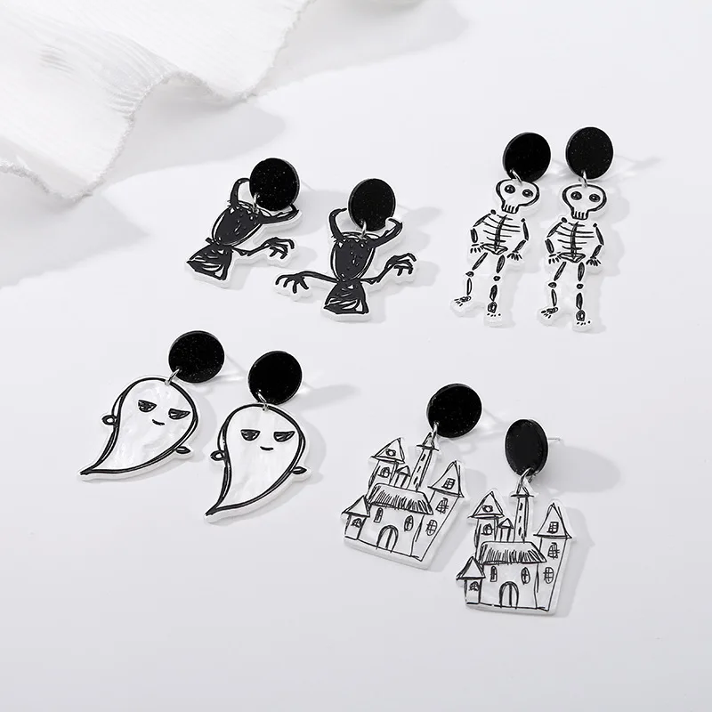 

Halloween Acrylic Earring Women Ghost Skeleton Castle Little Devil Pendant Earrings Cool Punk Brincos Jewelry Creative Funny