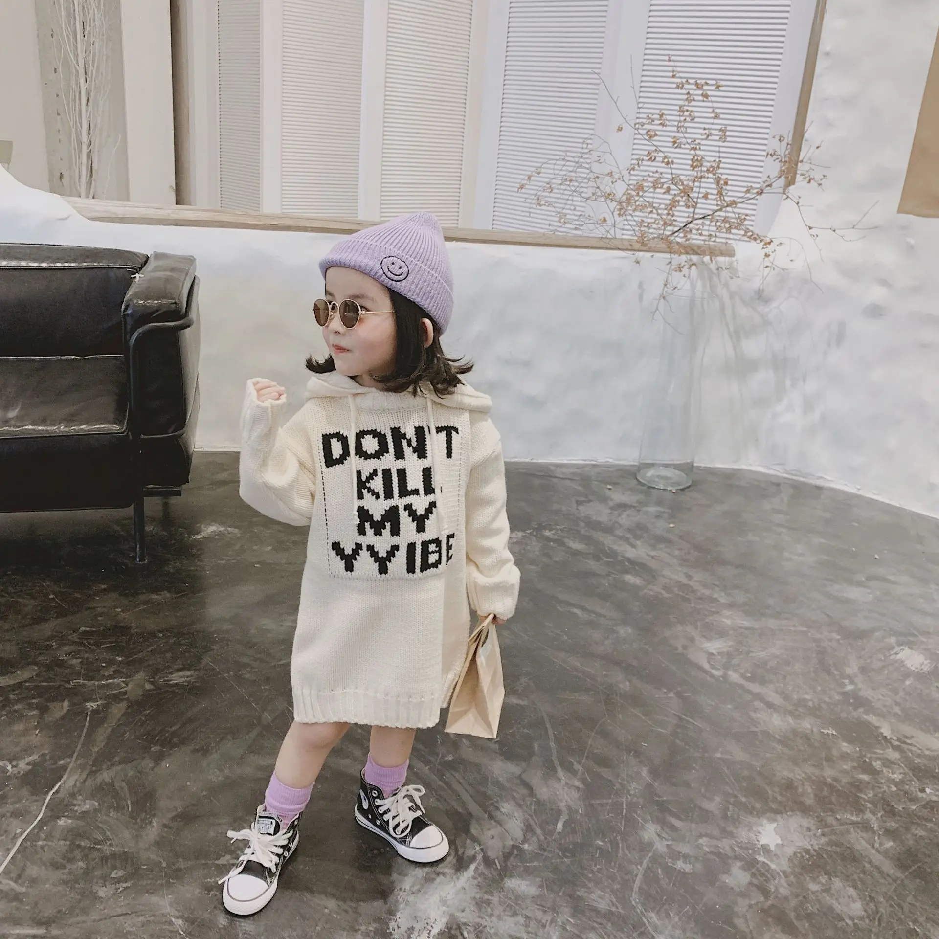 Новое Осеннее милое платье свитер средней длины с капюшоном в Корейском стиле