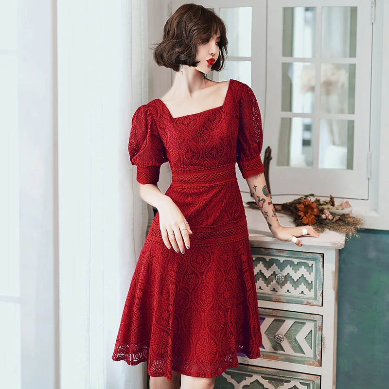 

Knee-length A-line Lace Wine Red Half-Sleeves Cocktail Dresses Women Party Dress For Graduation 2020 New Arrival Ball Gown