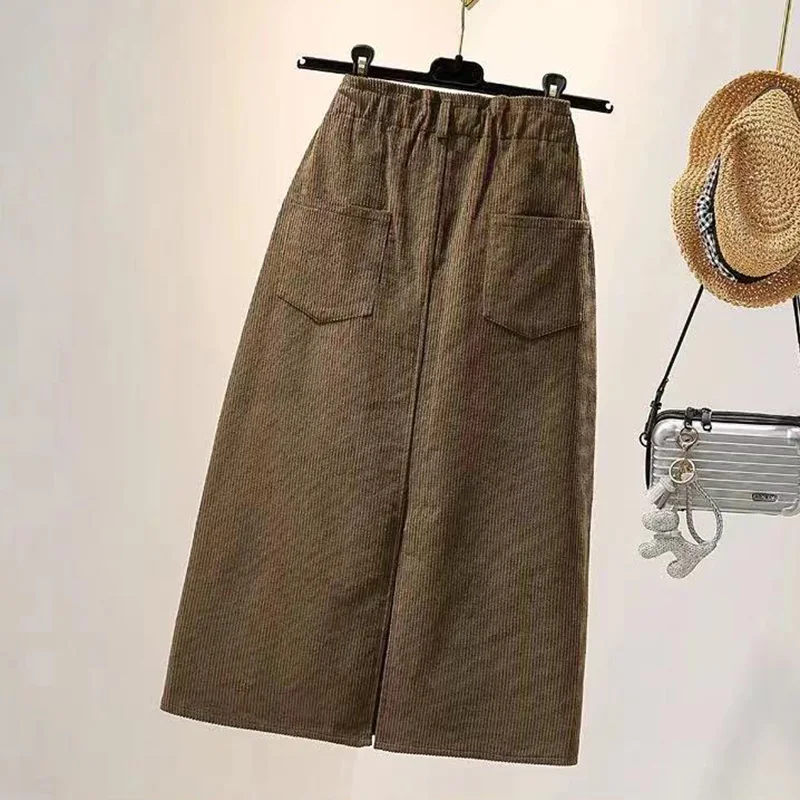 Женская Вельветовая юбка-карандаш с высокой талией разрезом винтажная