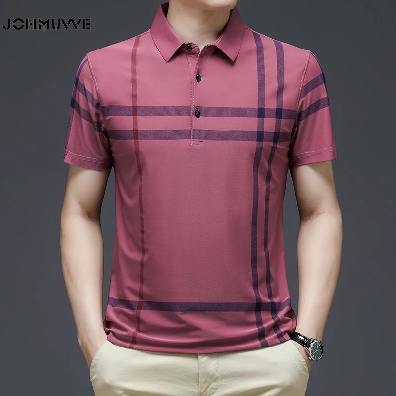 

JOHMUVVE 6 Colour Casual Stripe Polo Shirt Men Cotton Lapel Collar T Shirt Formal Office Casual Business Short Sleeve Tshirt