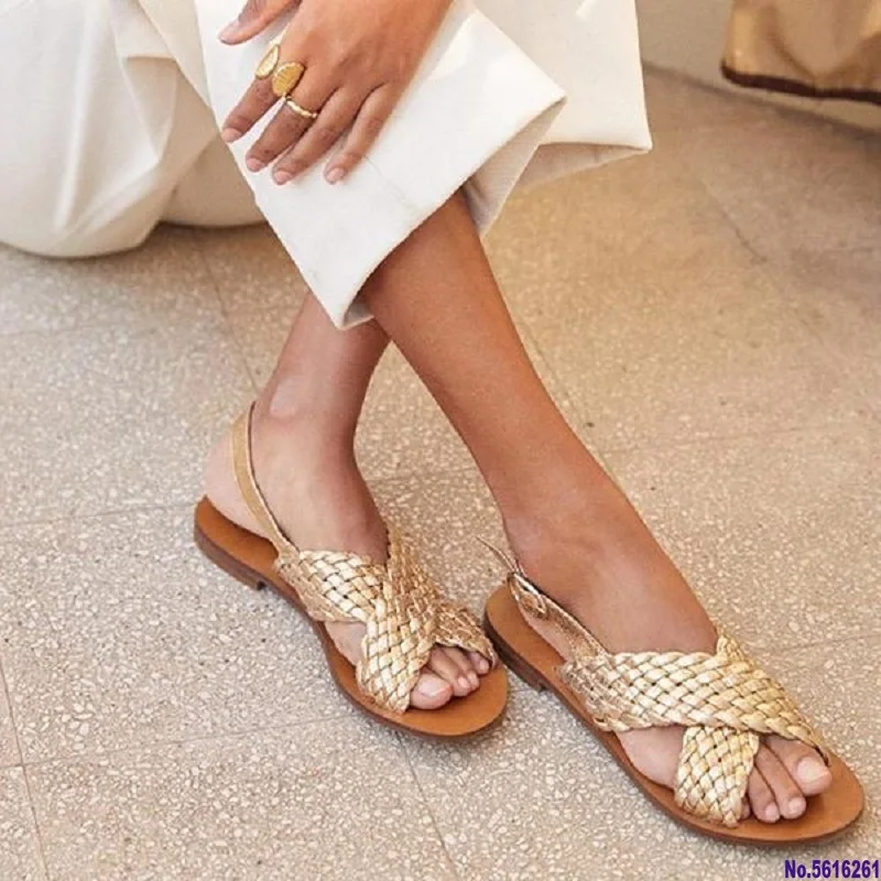 Сандалии женские с открытым носком плоская подошва ремешок пряжкой перекрестные