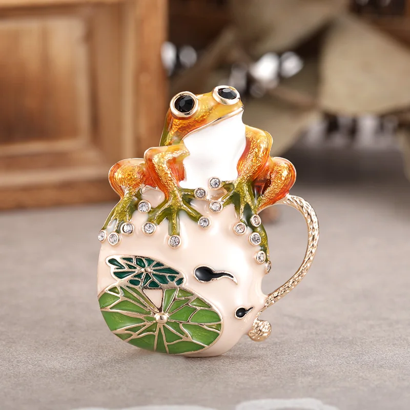 Женская эмалированная брошь Blucome зеленая/желтая лягушка в форме цветка лотоса