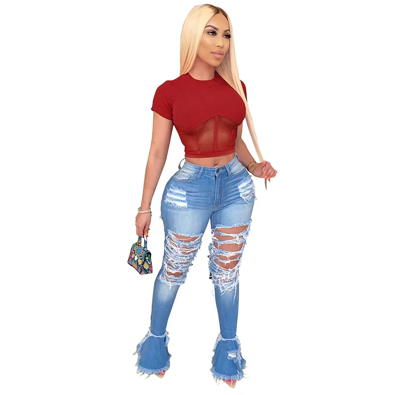 

Solid Color Sexy Hollow Out Crop Mesh See-Through Women T-Shirt Summer Hot Selling Tops European And American Fashion Clothes