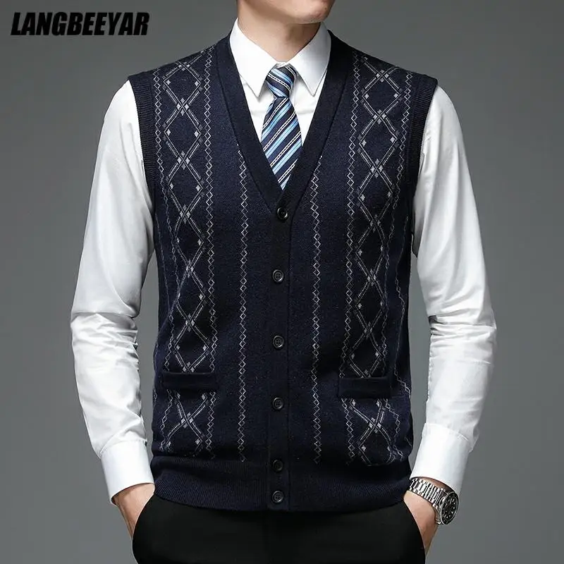 

New Autum Fashion Brand Argyle 6% Wool Cardigan Diamond Sweater Deep V Neck Knit Vest Men Trendy Sleeveless Casual Men Clothing