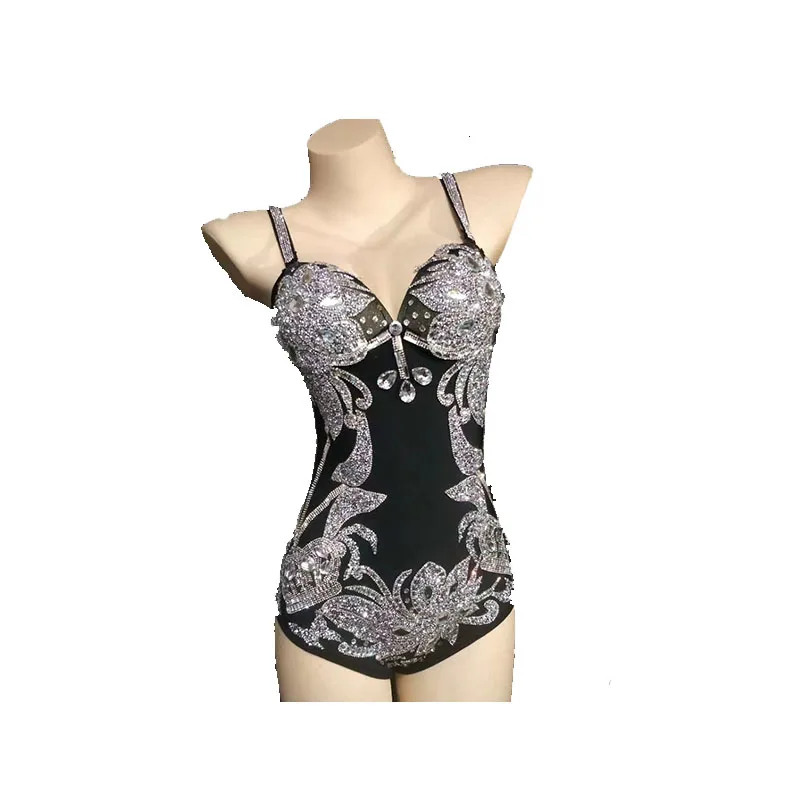 

Black Flowers Sparkly Rhinestone Crystal Bodysuit for Stage Dance Costume Birthday Celebration Costumes Stage costumes