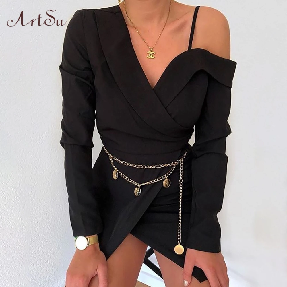 

Artsu 2020 One Shoulder Sexy Backless Wrap Dress Women Deep V-Neck Zipper Party Club Wrap Mini Dresses Spring ASDR60750
