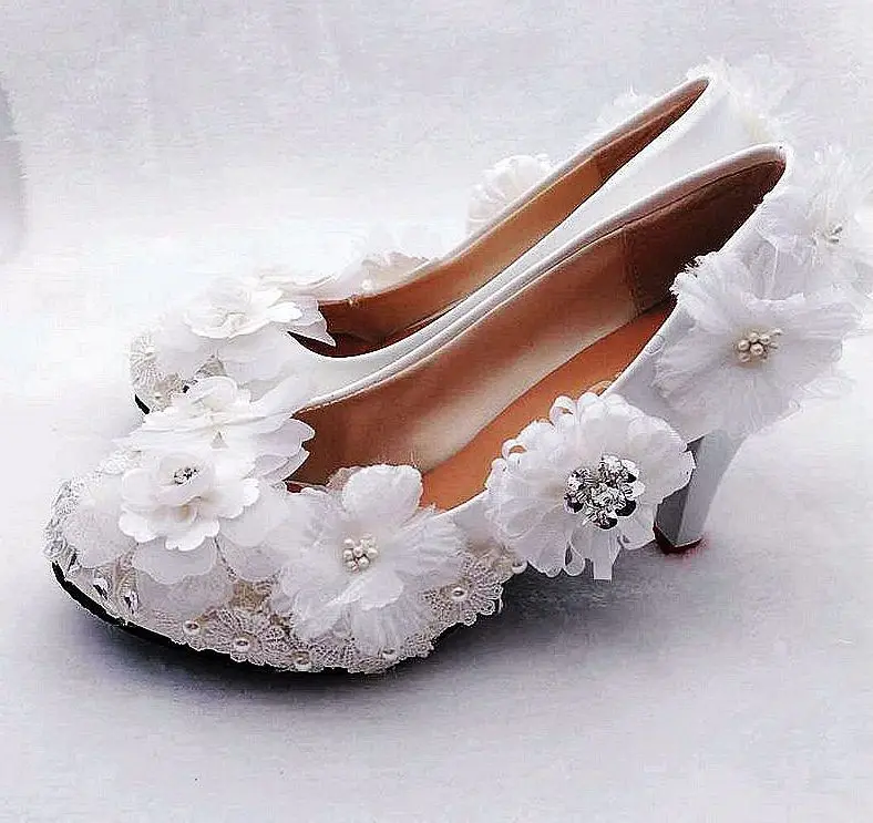 

9 см обувь на высоком каблуке белого цвета с кружевом и цветами, свадебные туфли-лодочки на каблуке; Свадебные туфли ручной работы, Роскошные...