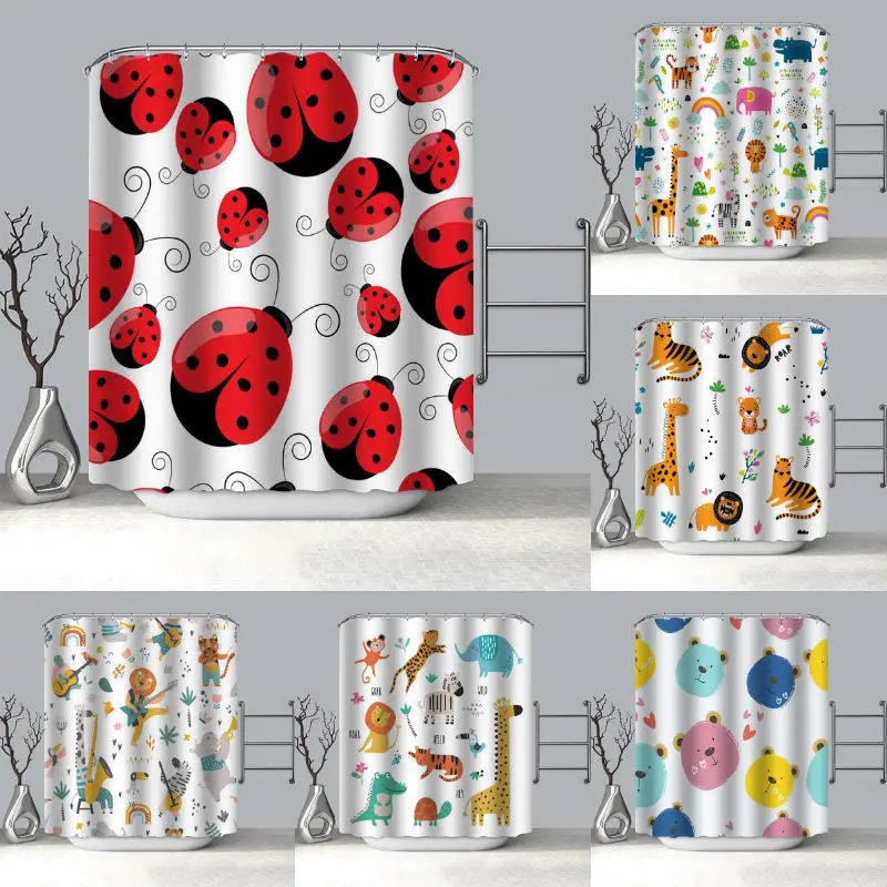 

100% Polyester Fabric Custom Ladybug Seamless Pattern Shower Curtain Modern Bathroom Curtain Waterproof HD Printing Curtain 1009