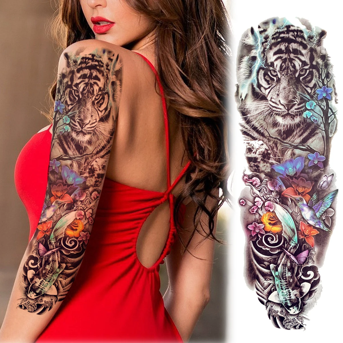 

Sexy Moon Rose Flower Fox Temporary Tattoos Sleeve For Women Adults Gangster Dahlia Skull Fake Tattoo Sticker Big Full Arm Tatoo