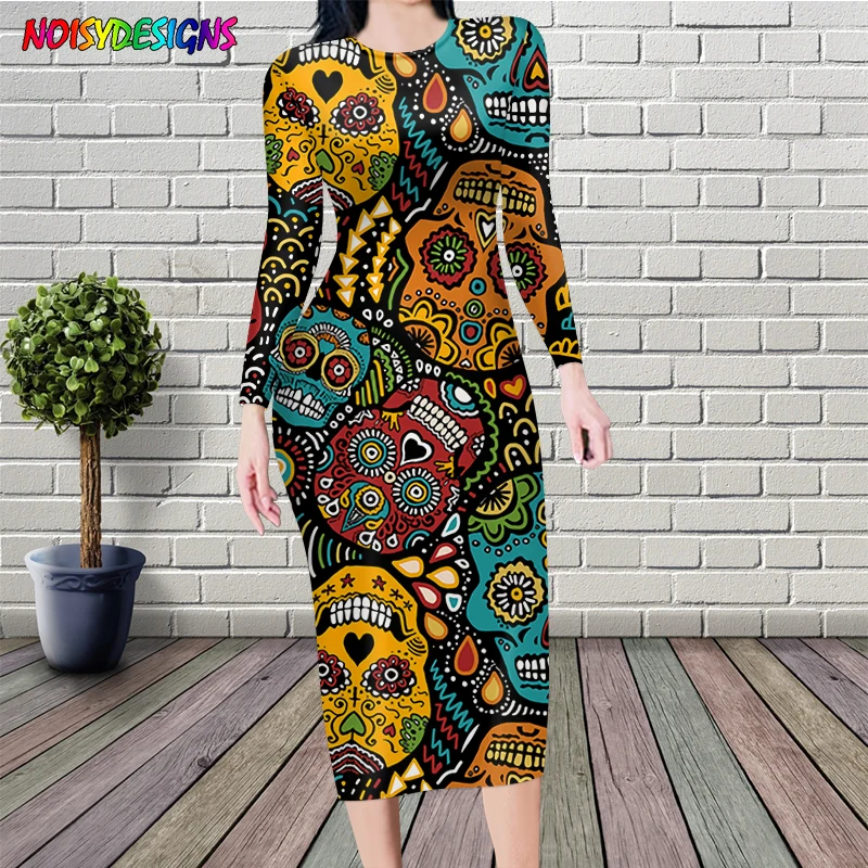 

NOISYDESIGNS Long Sleeves Fashion Bodycon Slim Sexy Dress For Women Sugar Skull Pattern Design Party Pencil Dresses Vestidos