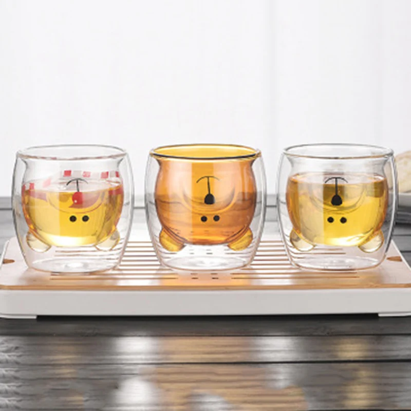 Двухслойная стеклянная чашка с милым медведем 230 мл боросиликатная термостойкая